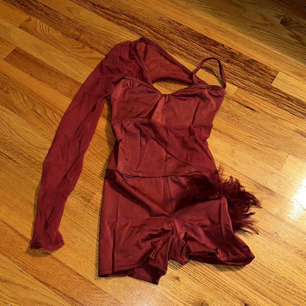 Teen | Asymmetrical Mesh Burgundy Dance Costume